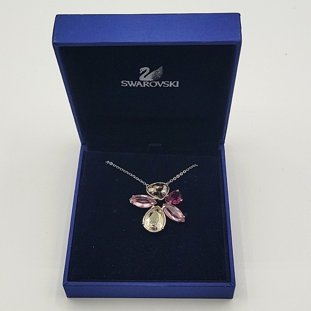 SWAROVSKI NEW Crystal Flower Necklace Silver Chain Purple Clear Gray